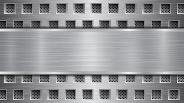 Background in gray colors, consisting of a metallic perforated surface with holes and a polished plate with metal texture, glares and shiny edges