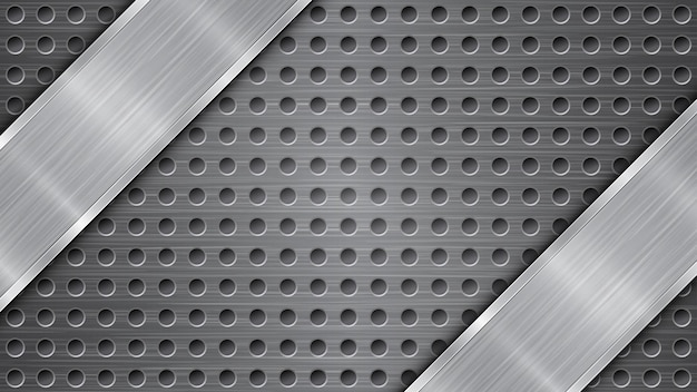 Vector background in gray colors, consisting of a metallic perforated surface with holes and a polished plate with metal texture, glares and shiny edges