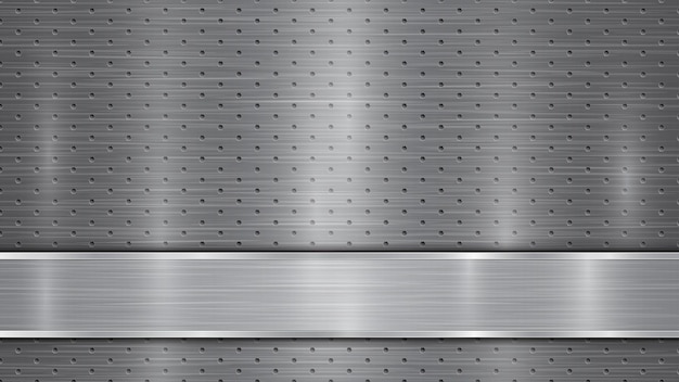 Vector background in gray colors, consisting of a metallic perforated surface with holes and a polished plate with metal texture, glares and shiny edges