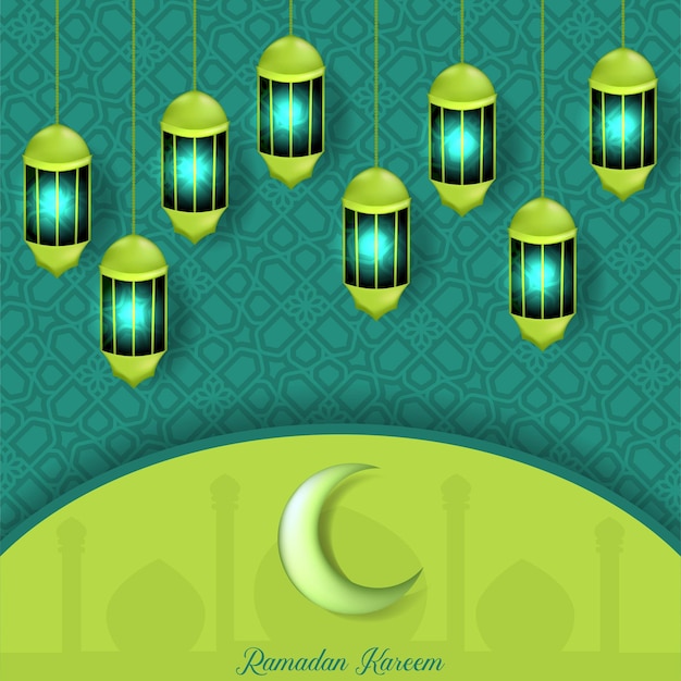 Vector background greeting ramadan kareem lampions moon green culture night month festival traditional