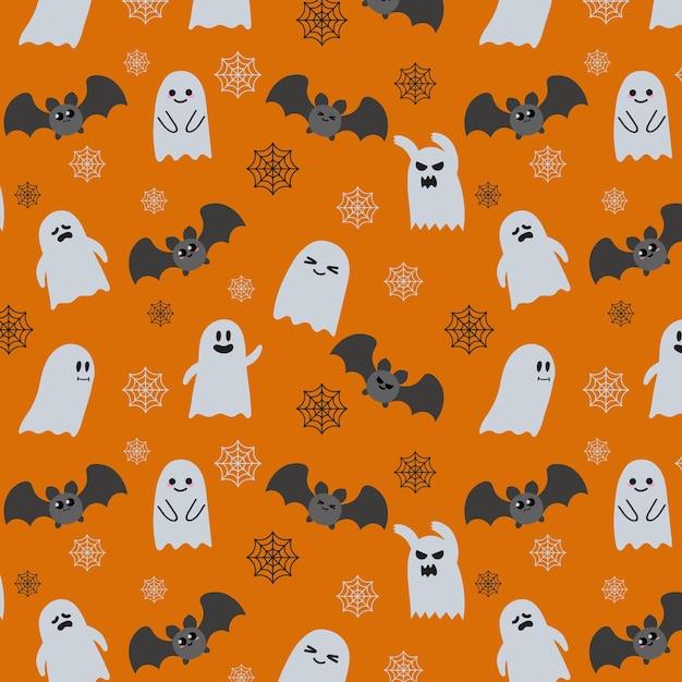 Background Halloween with Ghosts Spider Web Candles Bats Halloween Elements on Orange Background