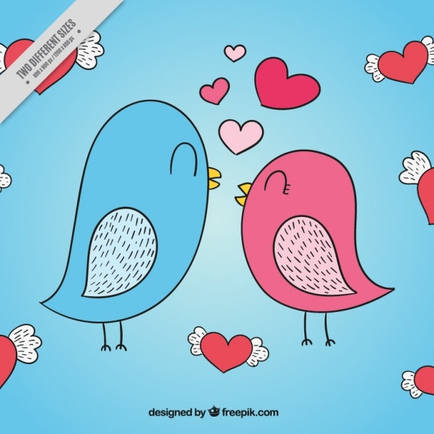 Vector background of hand drawn birds with hearts