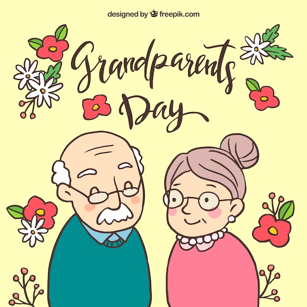 Vector background of hand drawn grandparents and flowers