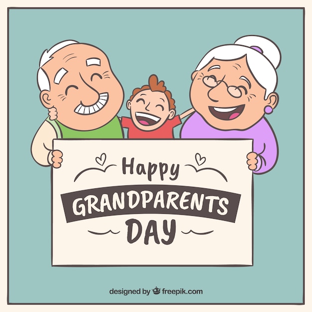 Background of hand drawn happy grandparents with their grandson