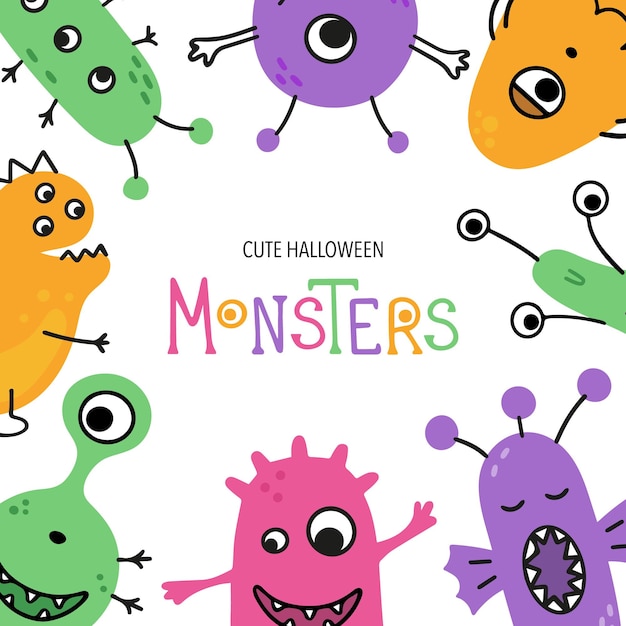 Background of hand drawn various monsters, germs, viruses and bacterias. Happy Halloween.