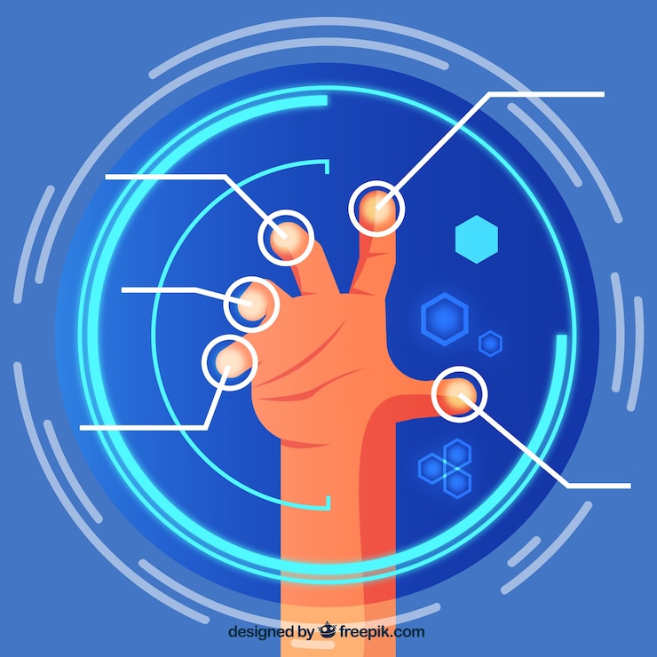 Vector background of hand touching a virtual screen