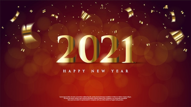 Background of  happy new year with gold colored on a dark red background.