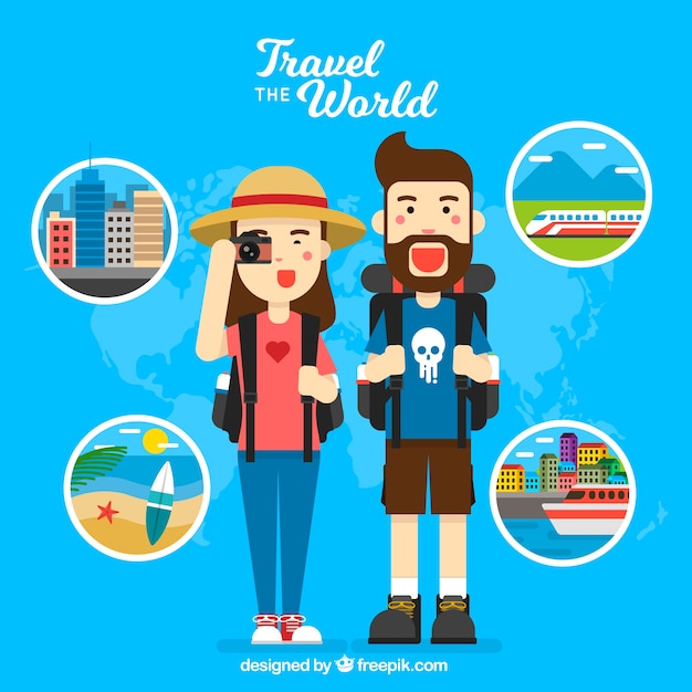 Background of happy travelers around the world