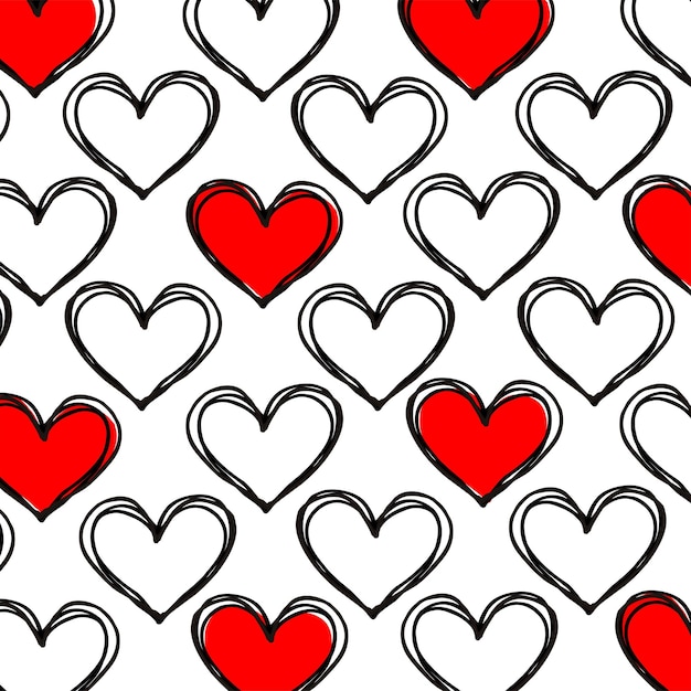 Vector background hearts drawn by hand doodles in black stroke with some hearts painted in red