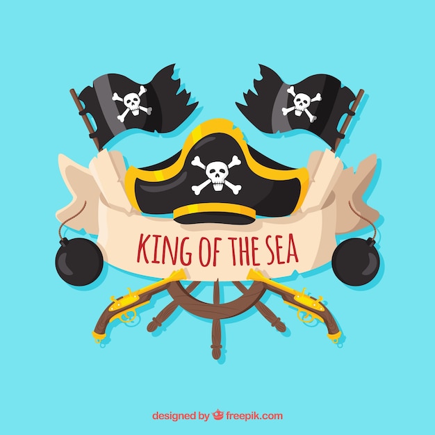 Vector background of helm and pirate hat with flags