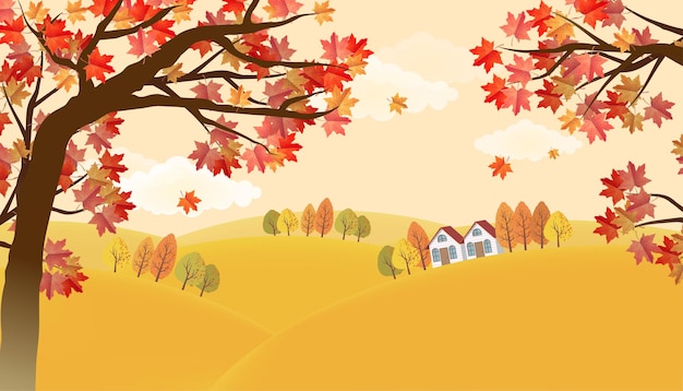 Vector background illustration of red maple tree and hillside hut