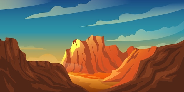 Illustrazione di sfondo della scogliera di montagna al tramonto nel deserto