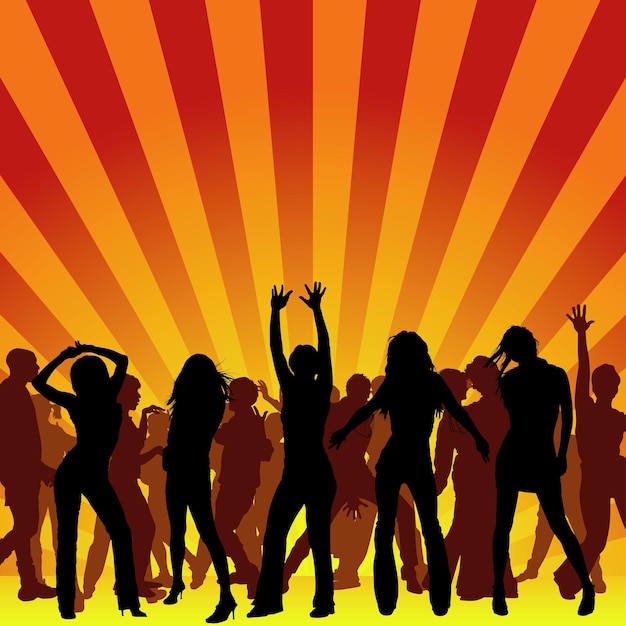 Vector background illustration with dancing crowd under orange rays