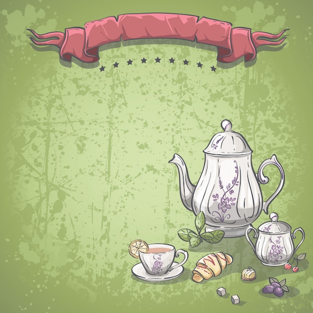 Vector background image with tea service with tea leaves, croissants and chocolate candy