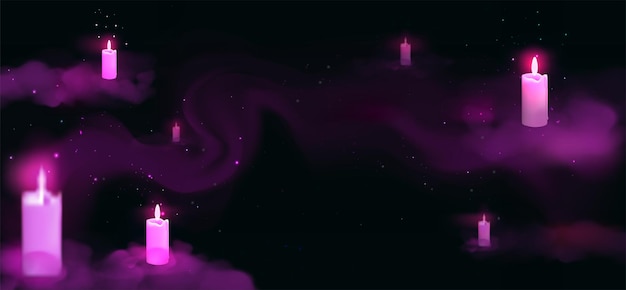 The background is pink with 3D candles in the air and colored smoke