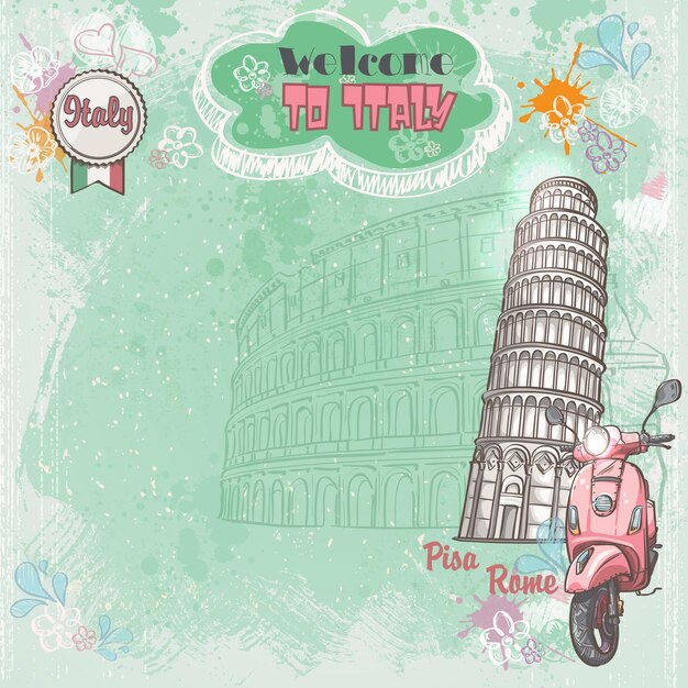 Vector background of italy for your text with the image of the colosseum, the leaning tower and pink moped