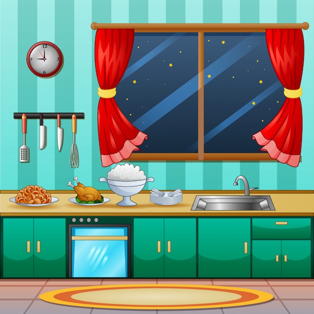 Vector background of kitchen interior with cuisine for dinner
