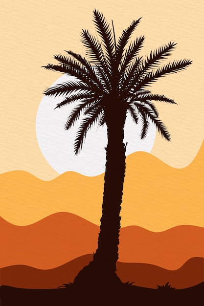 Vector background landscape illustration of desert with desert plants desert trees cactus coconut palm