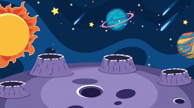 Vector background  of landscape with planets in dark space