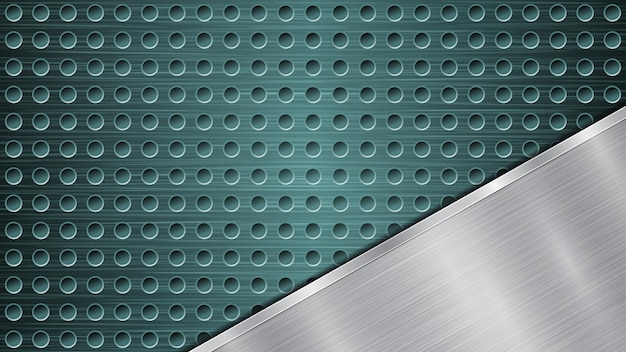 Vector background of light blue perforated metallic surface with holes and angled silver polished plate with a metal texture glares and shiny edges