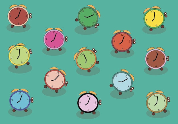 A background of multicolored clocks and alarm clocks