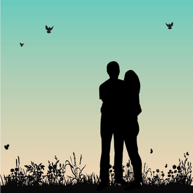 Vector background of nature silhouette of a guy and a girl