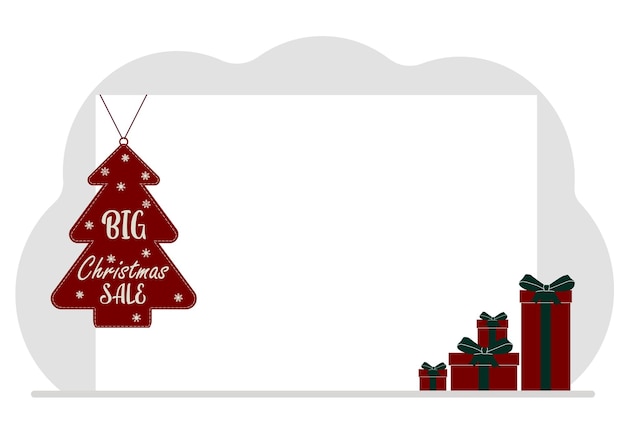 Background for new year or christmas white sheet of paper for text with big sale label and red gift boxes