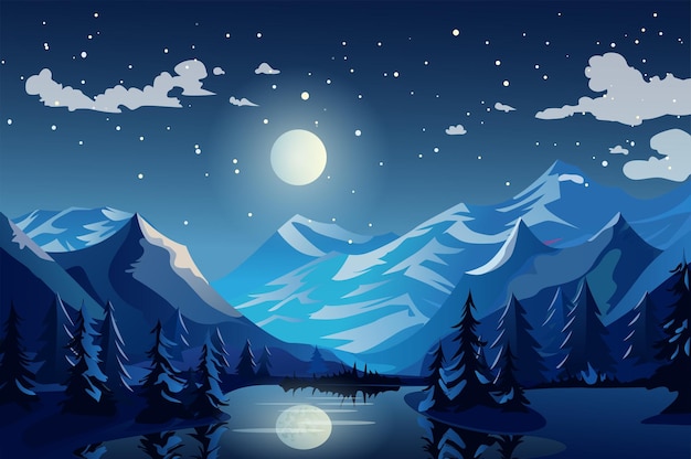 ベクトル フラットな漫画のデザインイラストの背景の夜の山は、静かな素晴らしさを捉えています