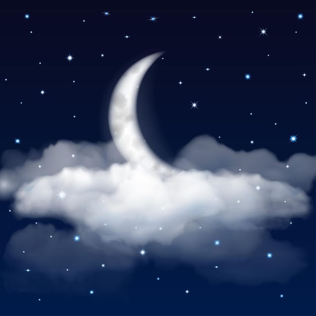 Vector background of night sky with moon, stars and clouds