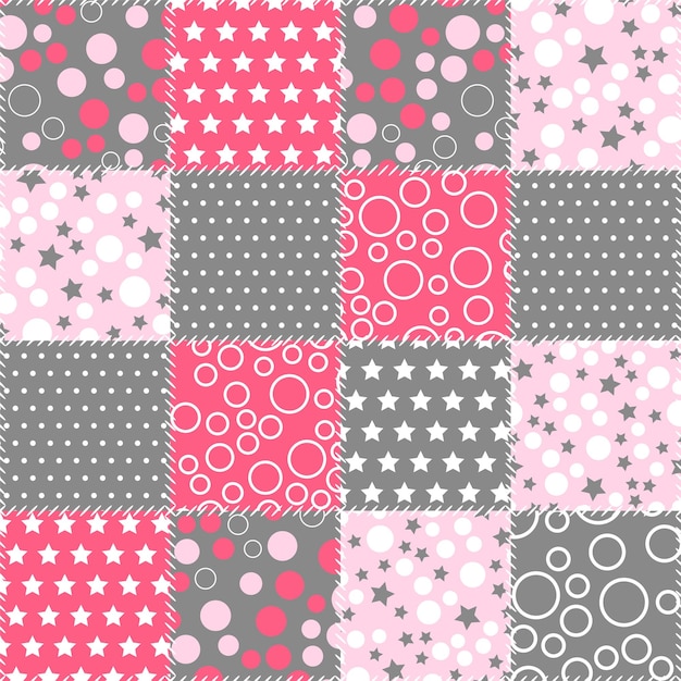 Background patchwork pattern with geometric ornaments Quilt design from stitched squares