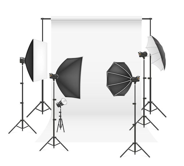 Background in photo studio with flashes and softboxes on tripods vector illustration