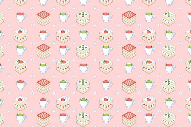 Background of pink cakes and cups of tea