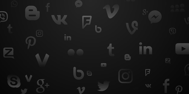 Vector background of popular social media icons in black and white colors youtube instagram twitter facebook whatsapp pinterest snapchat vimeo google skype viber and others