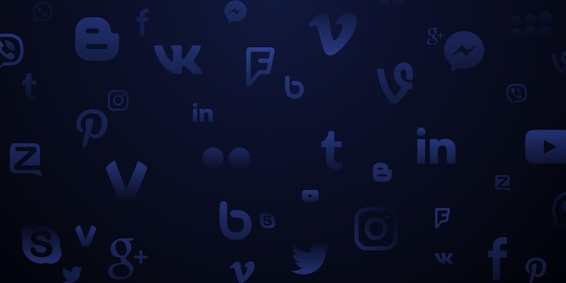 Фон из популярных иконок социальных сетей в темно-синих тонах youtube instagram twitter facebook