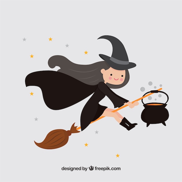 Background of pretty witch with cauldron and broom