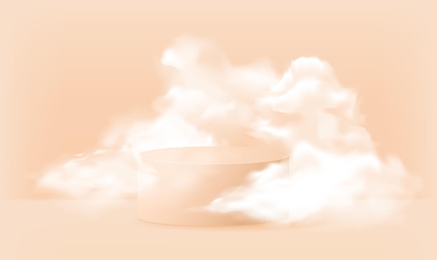 Visualizzazione del prodotto di sfondo forma geometrica resa in arancione pastello con podio e scena nuvolosa minima illustrazione vettoriale