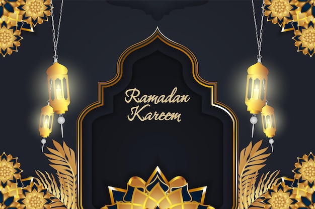 Background Ramadan Kareem Islamic with flower and leaf black gold luxury