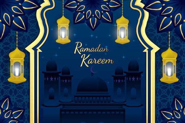 Фон Рамадан Карим стильный исламский синий цвет с красивой лампой