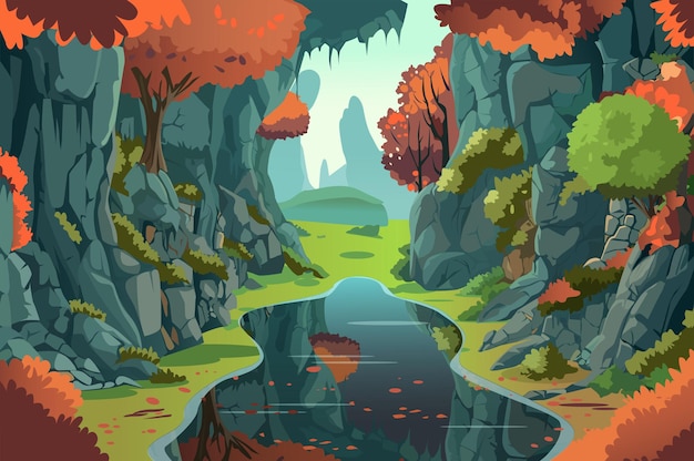 Background river in the rocks in the flat cartoon design captivating illustration captures the