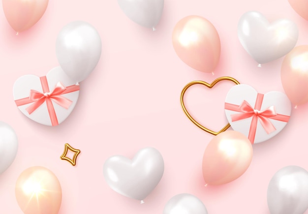 Background Romantic and wedding. Holiday design realistic gifts box with heart shape, pink and white balloon. vector illustration