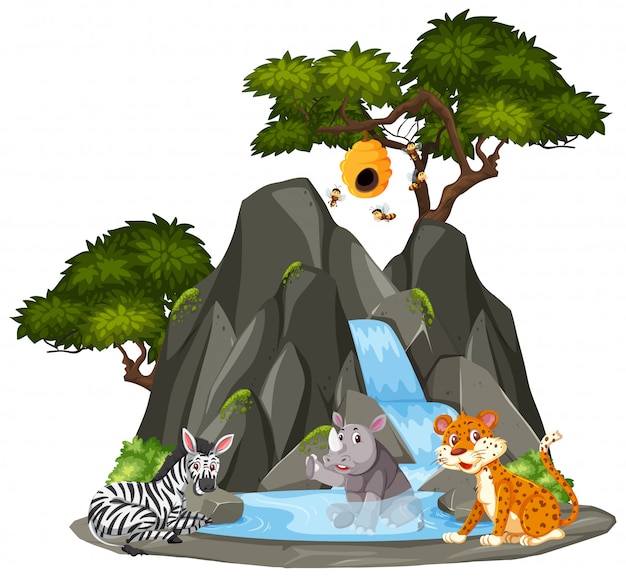 Background scene of animals by the waterfall