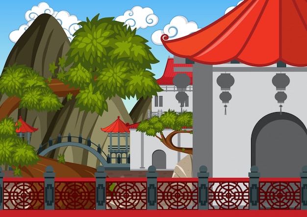 Vector background scene chinese buildings with garden