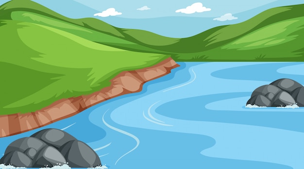 Vector background scene of mountains and river