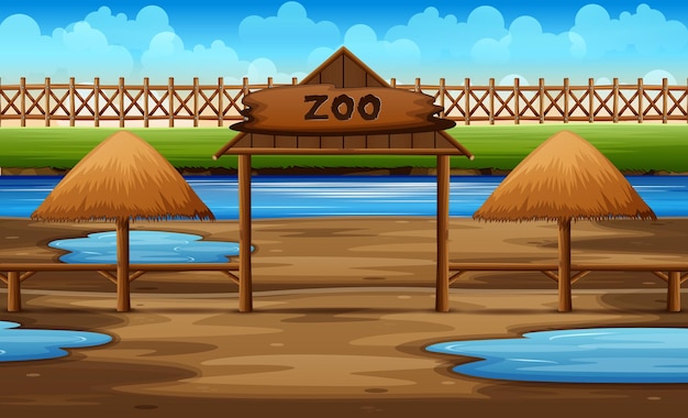 池のイラストと動物園公園の背景シーン プレミアムベクター