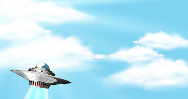 Vector background scene with blue sky and ufo