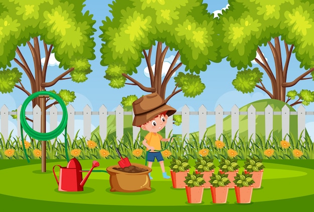 Фоновая сцена с мальчиком, сажающим деревья в парке
