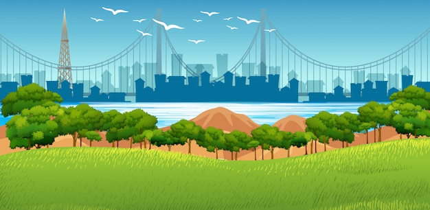 Vector background scene with buildings in background and park in foreground