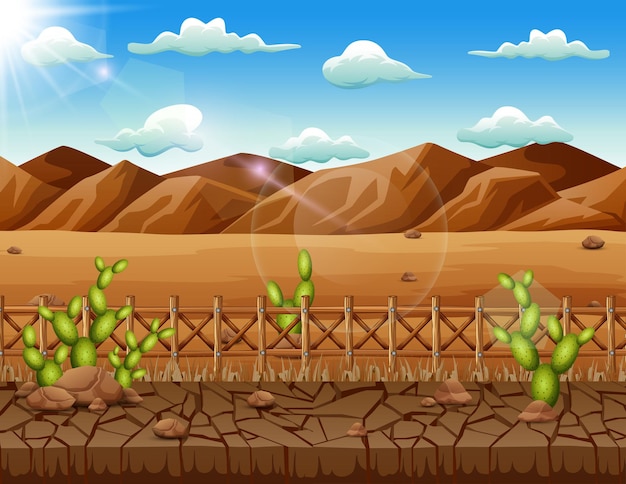 Scena di sfondo con cactus e terraferma nel deserto