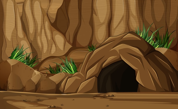 Vector background scene with cave in mountain