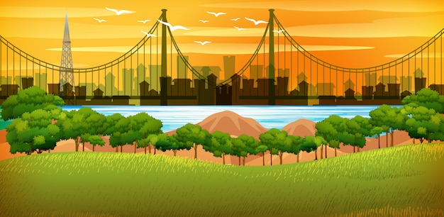 Vector background scene with city at sunset